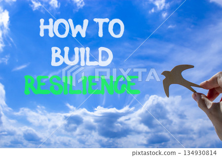 How to build resilience symbol. Concept words How to build resilience on beautiful blue sky. Beautiful blue sky background. Businessman's hand. Business how to build resilience concept. Copy space. How to build resilience symbol. Concept words How to build resilience on beautiful blue sky. Beautiful blue sky background. Businessman's hand. Business how to build resilience concept. Copy space. 134930814