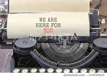 Support, help and we are here for you symbol. Concept words We are here for you typed on beautiful old retro typewriter. Beautiful white background. Business we are here for you concept. Copy space. Support, help and we are here for you symbol. Concept words We are here for you typed on beautiful old retro typewriter. Beautiful white background. Business we are here for you concept. Copy space. 134930824