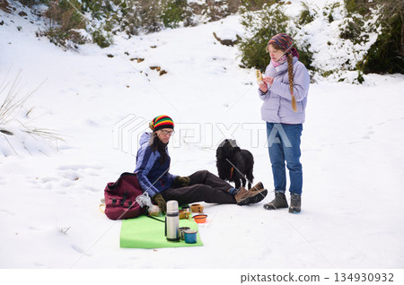 Winter Snow Picnic With Friends And Dog In Mountain Field Winter Snow Picnic With Friends And Dog In Mountain Field 134930932