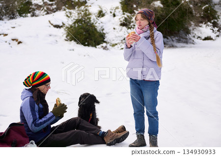 Winter Snow Picnic With Friends And Dog: Cozy Outdoor Meal In Cold Landscape 134930933