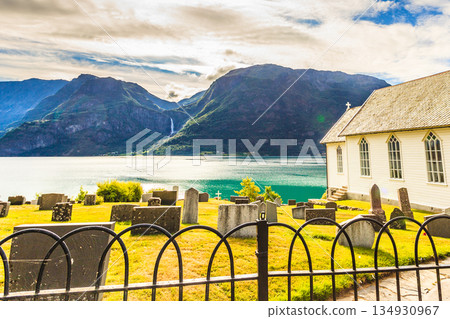 Churchyard in Nes village at fjord, Norway Churchyard in Nes village at fjord, Norway 134930967