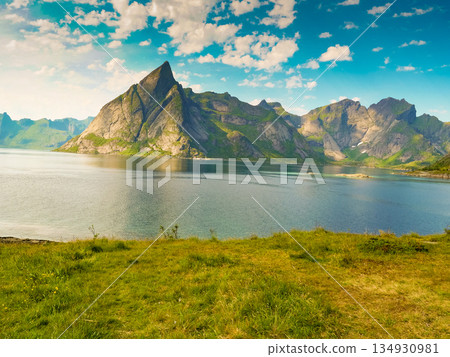 Fjord and mountains landscape. Lofoten islands Norway Fjord and mountains landscape. Lofoten islands Norway 134930981