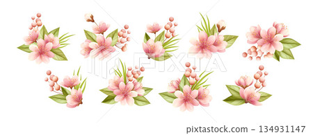 Realistic spring flowers set in vibrant colors create an elegant floral bouquet illustration with white background perfect for romantic greeting cards and wedding designs 134931147