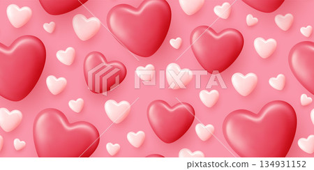 Valentines Day seamless pattern featuring cute 3D hearts in red, pink, and white. Ideal romantic background for love-themed cards, wrapping paper, and fabric prints Valentines Day seamless pattern featuring cute 3D hearts in red, pink, and white. Ideal romantic background for love-themed cards, wrapping paper, and fabric prints 134931152