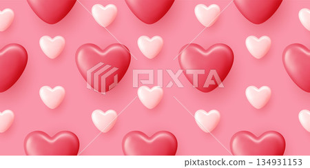 Cute 3D Valentine background with repeating white, red, and pink symbols. Modern romantic texture perfect for greeting cards, gift wrap, fabric prints, or decorative wallpaper designs 134931153