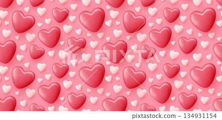 Valentines Day seamless pattern featuring 3D hearts in white, red, and pink. Romantic texture ideal for greeting cards, wrapping paper, wallpaper, or fashion textile designs with heart motifs Valentines Day seamless pattern featuring 3D hearts in white, red, and pink. Romantic texture ideal for greeting cards, wrapping paper, wallpaper, or fashion textile designs with heart motifs 134931154