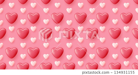 Seamless heart pattern with 3D white, red, and pink hearts. Perfect Valentines Day background for romantic cards, gift wrapping, or decorative fabric designs with cute repeating hearts 134931155