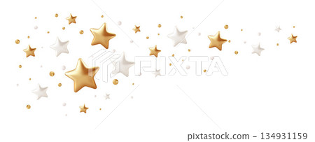 Shimmering golden and white stars confetti with realistic 3D elements on white backdrop. Festive party decorations featuring sparkling icons, twinkling shapes, and premium holiday celebration design 134931159