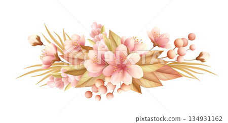 Realistic spring bouquet bursting with vibrant flowers creates an elegant floral arrangement. White background highlights colorful blooms in this stunning illustration 134931162