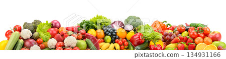 Colorful Assortment of Fresh Fruits and Vegetables Isolated on White Background with Copy Space for Healthy Food, Nutrition, Organic Diet and Clean Eating Concepts Colorful Assortment of Fresh Fruits and Vegetables Isolated on White Background with Copy Space for Healthy Food, Nutrition, Organic Diet and Clean Eating Concepts 134931166