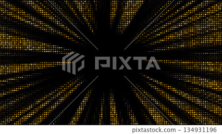 Golden starburst with halftone dots radiates luminous rays across textured background, creating luxurious festive atmosphere with shimmering light particles and glitter confetti pattern 134931196