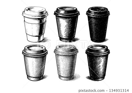 Six detailed sketch-style takeaway coffee cups drawn in black ink on white background, representing vintage coffee and cafe concepts 134931314