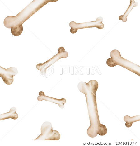 Watercolor seamless pattern with hand drawn prehistoric dinosaur or dog bone, animal. Isolated illustration on transparent background. Perfect for Pet Product Designs, projects. For designers 134931377