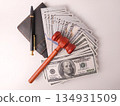 A gavel stack of US currency, a wallet, and a pen on white background. 134931509