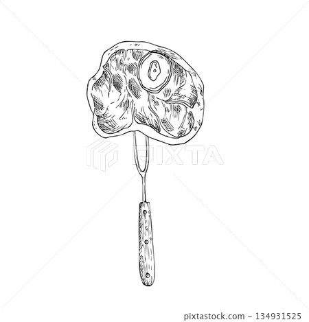 Vector Beef steak on meat fork. Graphic ink kitchen tool illustration for barbecue, isolated on background. Hand drawn line sketch. For designers, prints, logo, icon, menu, postcards, holiday, covers Vector Beef steak on meat fork. Graphic ink kitchen tool illustration for barbecue, isolated on background. Hand drawn line sketch. For designers, prints, logo, icon, menu, postcards, holiday, covers 134931525