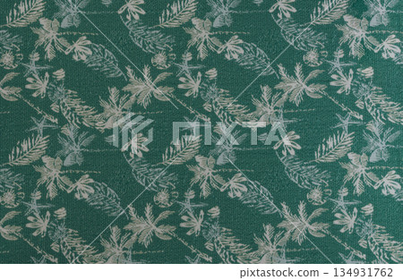 Deep emerald decorative fabric texture with tropical floral patt Deep emerald decorative fabric texture with tropical floral patt 134931762