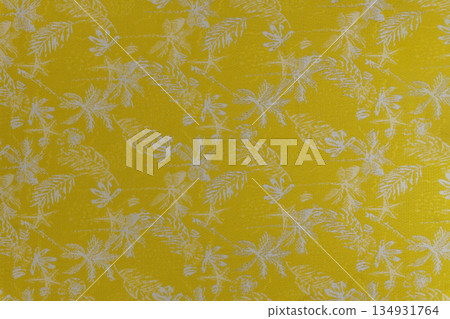 Golden mustard decorative fabric texture with tropical floral pattern, part of textile collection Golden mustard decorative fabric texture with tropical floral pattern, part of textile collection 134931764