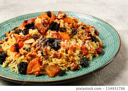 rice dish with dried fruits, nuts and spices of Middle Eastern cuisine, homemade, no people, rice dish with dried fruits, nuts and spices of Middle Eastern cuisine, homemade, no people, 134931786