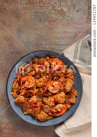 Jambalaya, Creole dish, American pilaf, rice with chicken and shrimp, vegetables, homemade, no people, Jambalaya, Creole dish, American pilaf, rice with chicken and shrimp, vegetables, homemade, no people, 134931787