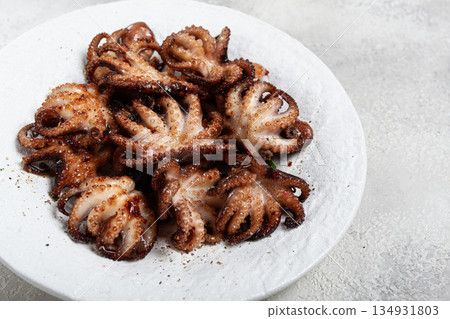 Baby octopus grilled on a white plate, homemade, no people, 134931803