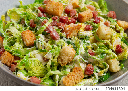 Brussels sprouts Caesar salad, with bacon and croutons, healthy food, homemade, no people, 134931804