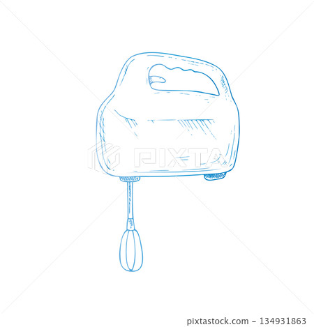 Vector hand mixer. Graphic ink Plastic kitchen tool illustration isolated on background. Hand drawn line sketch. For designers, prints, logo, icon, menu, postcards, holiday, covers Vector hand mixer. Graphic ink Plastic kitchen tool illustration isolated on background. Hand drawn line sketch. For designers, prints, logo, icon, menu, postcards, holiday, covers 134931863