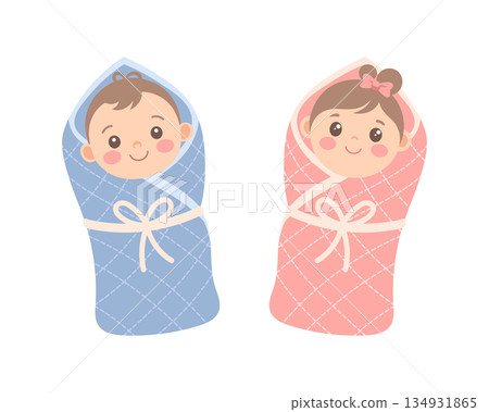 Cute baby girl and baby boy wrapped in a blanket. Adorable newborn twins in blue and pink blankets. Childish illustration. 134931865