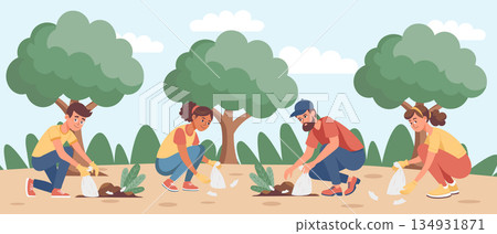 Volunteers collecting garbage in the park. Community volunteers cleaning up park litter for a greener environment. Illustration. 134931871