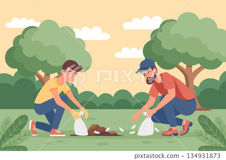 Volunteers collecting garbage in the park. Community volunteers cleaning up park litter for a greener environment. Illustration. Volunteers collecting garbage in the park. Community volunteers cleaning up park litter for a greener environment. Illustration. 134931873