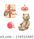 Set of watercolor teddy and Christmas gift 134932480
