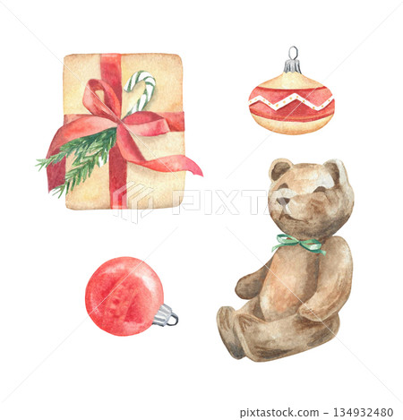Set of watercolor teddy and Christmas gift Set of watercolor teddy and Christmas gift 134932480