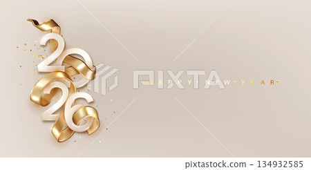 2026 Happy New Year eve. Celebration greeting card Banner with golden realistic number and ribbon. 2026 Happy New Year eve. Celebration greeting card Banner with golden realistic number and ribbon. 134932585