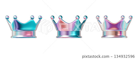 3D holographic crown in neon pink and purple gradient. Iridescent chrome royal tiara with sparkles. Y2K style king or queen icon isolated on white 134932596