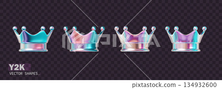 Iridescent neon crown set in 3D. Gradient chrome pink-purple king or queen crown with glossy metallic shine. Royal Y2K emoji. Vector design isolated 134932600
