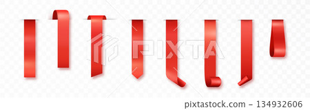 Red ribbon tag realistic. Red ribbon banners for promotions, sales, and discounts. Vector isolated elements for marketing and advertising 134932606