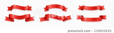 Red ribbon banners isolated set. Shiny red promotional ribbons and sale tags. 134932610
