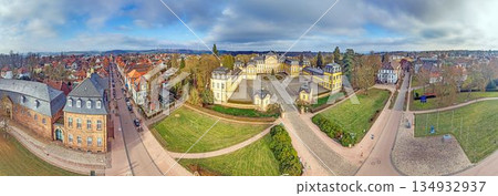 Wide aerial view of Bad Arolsen with Schloss Arolsen and historic town 134932937
