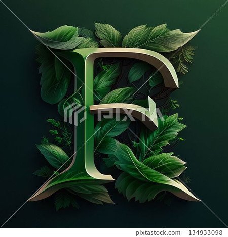Creative lettering made of green leaves on dark background. Vector illustration. letter F 134933098