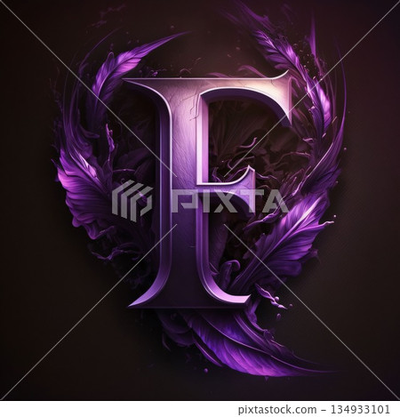 3d render of letter F on black background with purple feathers. 3d render of letter F on black background with purple feathers. 134933101