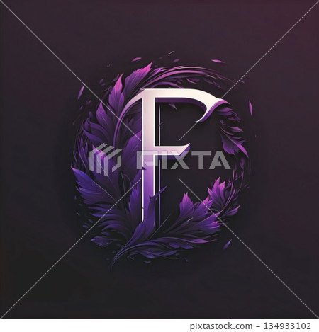 Vector illustration of stylized letter F with purple leaves on dark background. Vector illustration of stylized letter F with purple leaves on dark background. 134933102