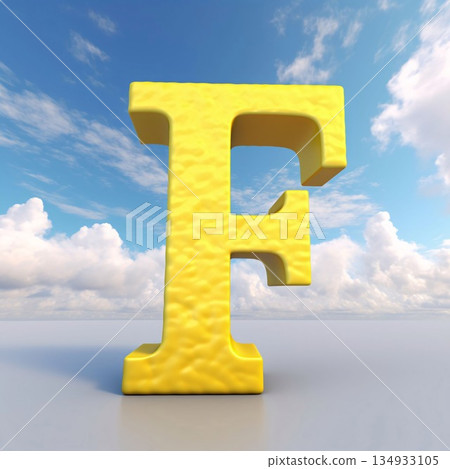 Yellow letter F on a background of blue sky with clouds 3d render 134933105