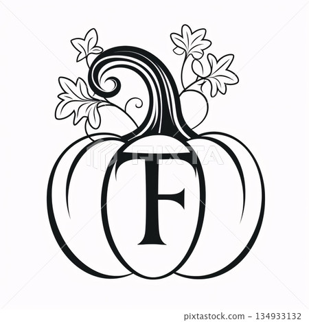 Pumpkin with letter F in black and white. Vector illustration. Pumpkin with letter F in black and white. Vector illustration. 134933132
