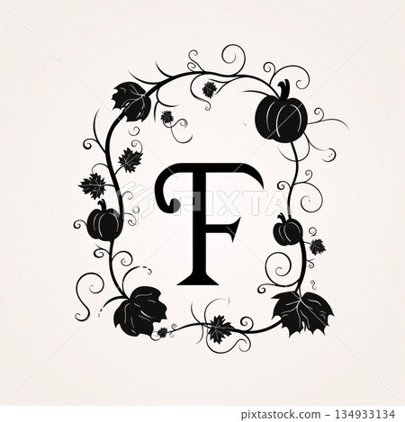 letter F in a floral frame, black and white vector illustration. letter F in a floral frame, black and white vector illustration. 134933134