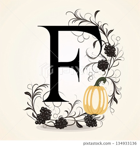 Illustration of letter F in floral frame with pumpkin and blackberry Illustration of letter F in floral frame with pumpkin and blackberry 134933136