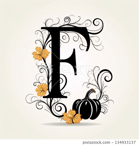 Decorative letter F with autumn leaves and pumpkins for your design Decorative letter F with autumn leaves and pumpkins for your design 134933137