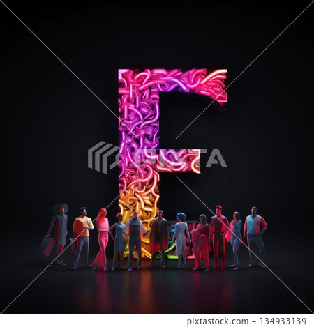 Group of people with neon glowing alphabet letter F. 3D rendering Group of people with neon glowing alphabet letter F. 3D rendering 134933139