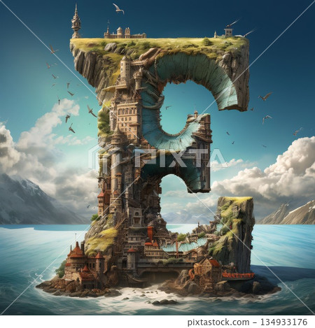 Fantasy letter E on island in ocean. 3D rendering. Fantasy letter E on island in ocean. 3D rendering. 134933176