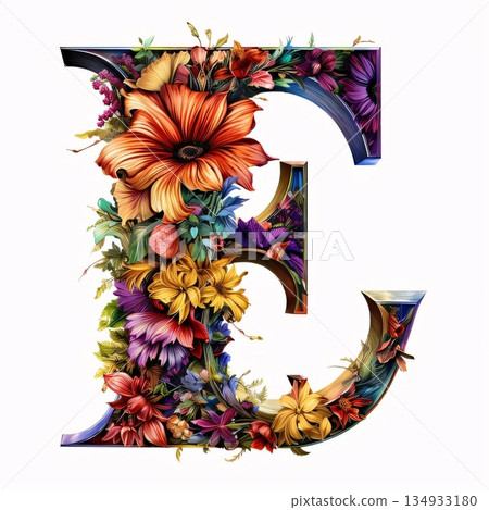 Letter E with flowers, leaves and berries. Floral font. Letter E with flowers, leaves and berries. Floral font. 134933180