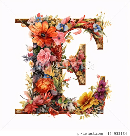 Flower font. Letter E. Hand drawn watercolor illustration. 134933184