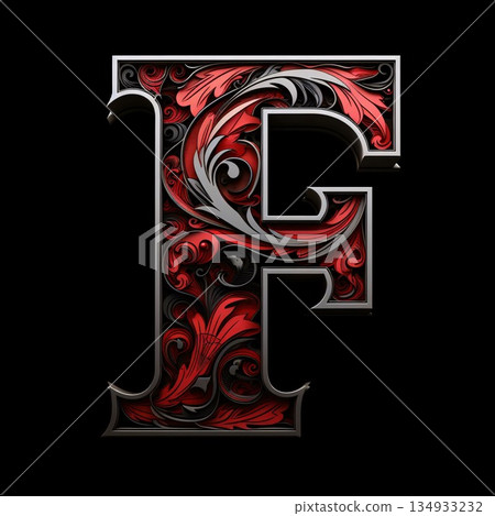 F letter with ornamented swirl in black and red. 3D render 134933232